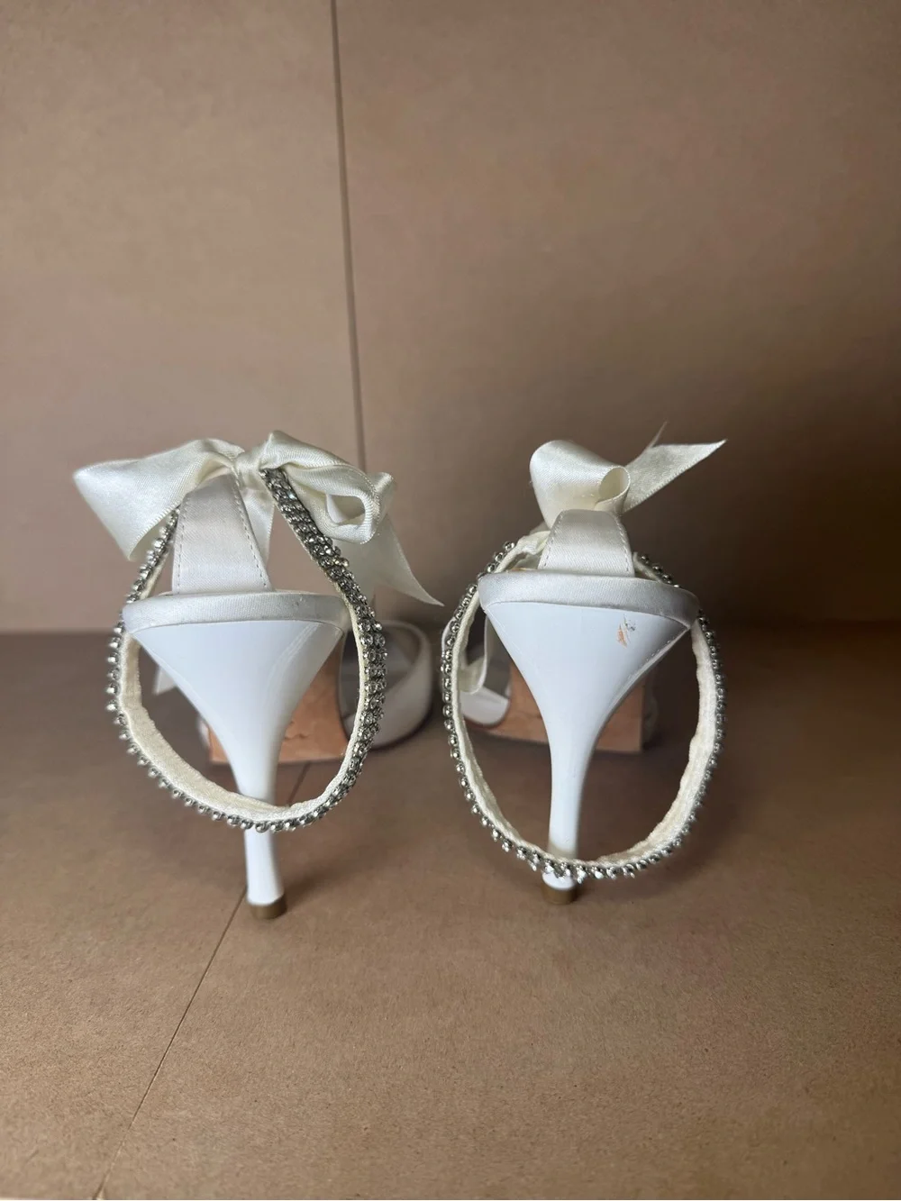 Nina White Satin Leather Pumps Heels Bow Rhinestone Ankle Wrap Size 6.5 6 1/2
